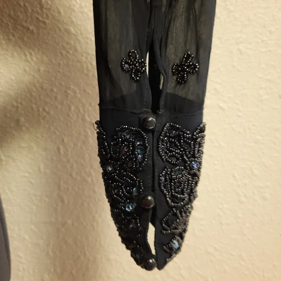 Papillon Sheer Black Beaded & Sequined Button-Up Top Size Large - Picture 8 of 13